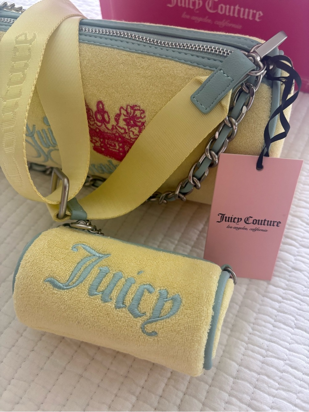 Juicy Couture Pastel Yellow Terry Crossbody with Light Blue Trim